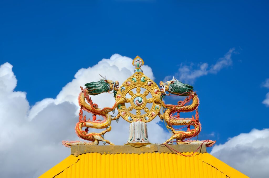 Colourful roof decoration against blue sky